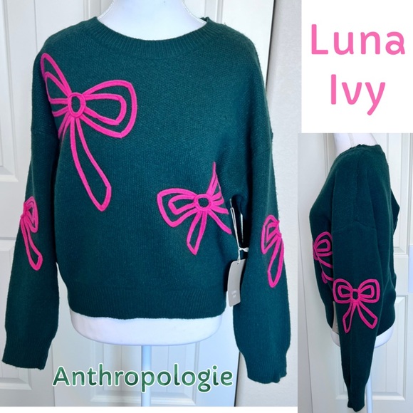 Anthropologie Sweaters - NWT Anthropologie Luna Ivy Emerald Green Sweater with Pink Bows Sz Small
